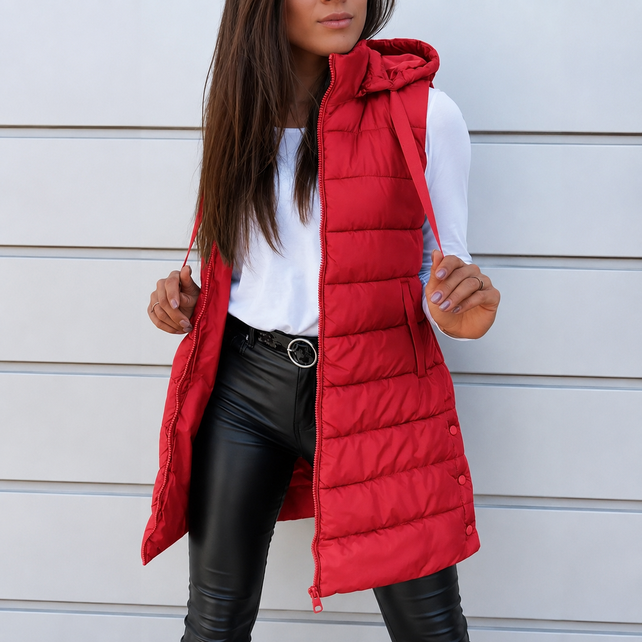 Women's Lightweight Hooded Puffer Vest – Black, Long Design