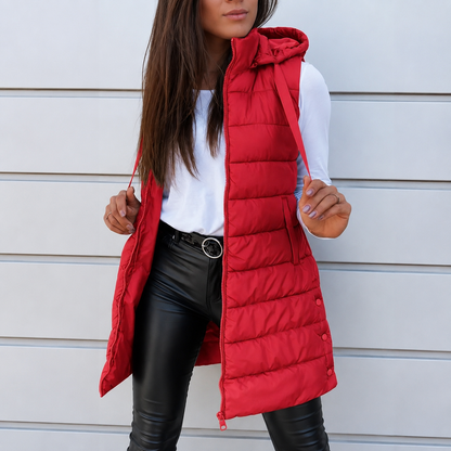 Women's Lightweight Hooded Puffer Vest – Black, Long Design