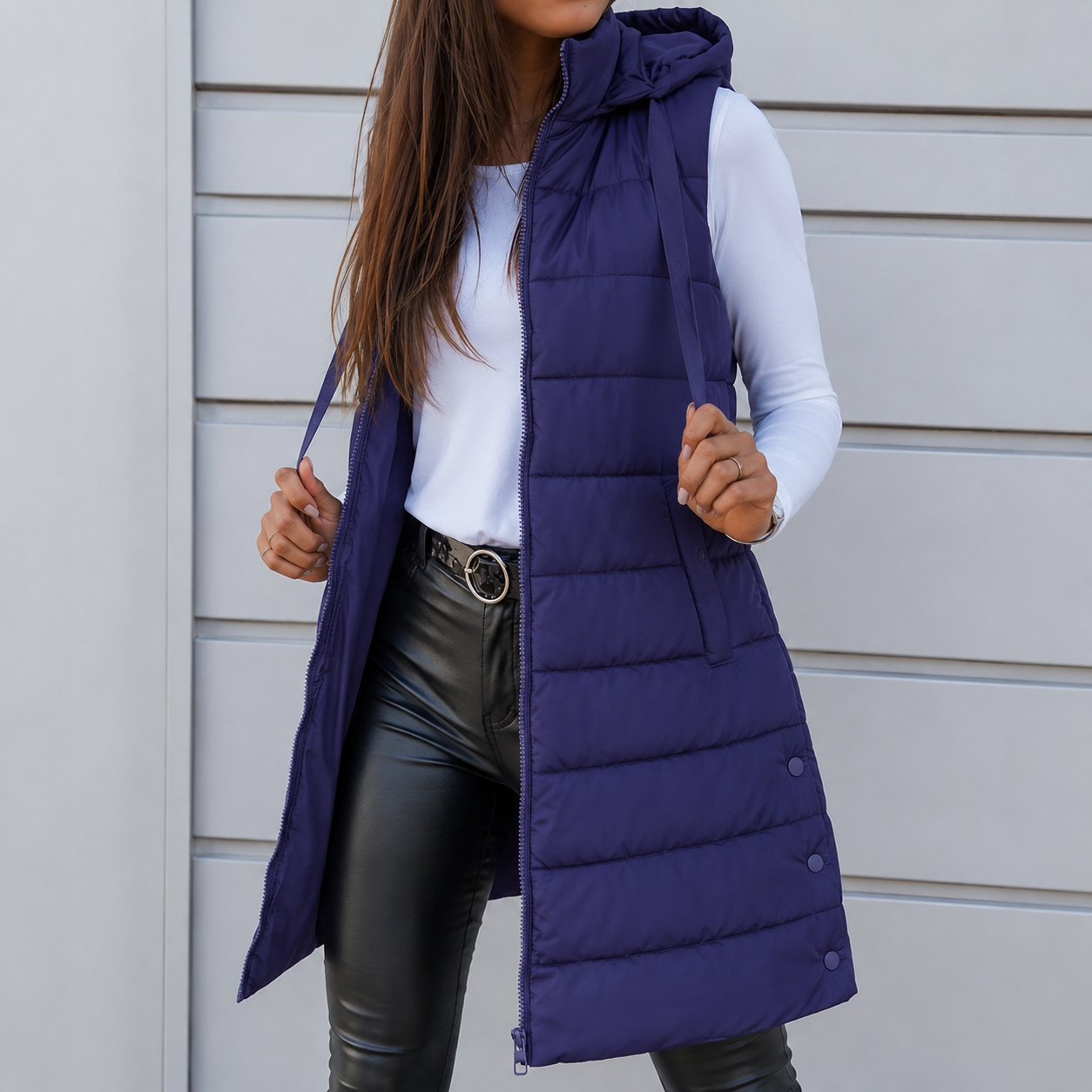 Women's Lightweight Hooded Puffer Vest – Black, Long Design