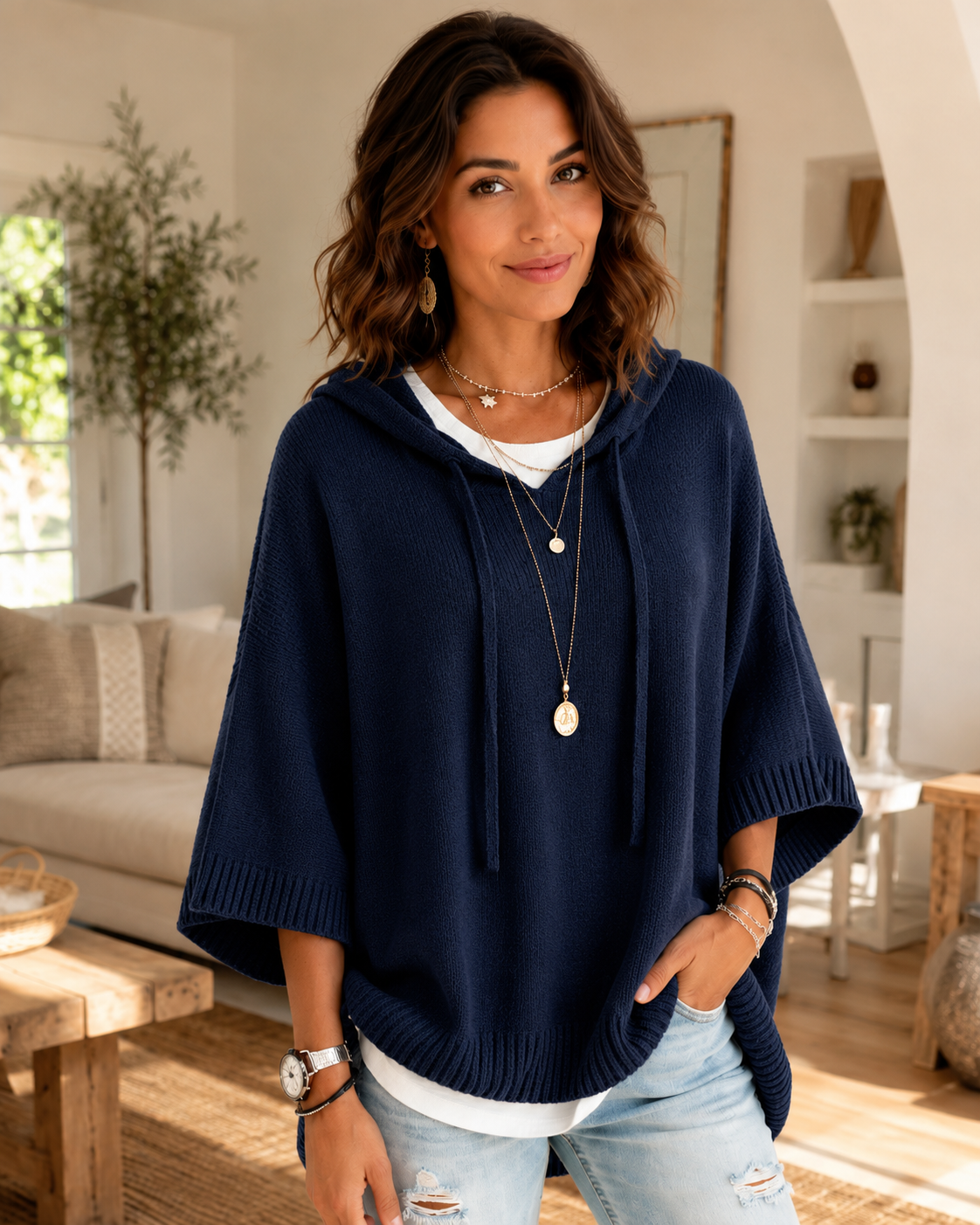 Women's Soft Knit Hooded Sweater – Adjustable Drawstring Hood, Three-Quarter Sleeves
