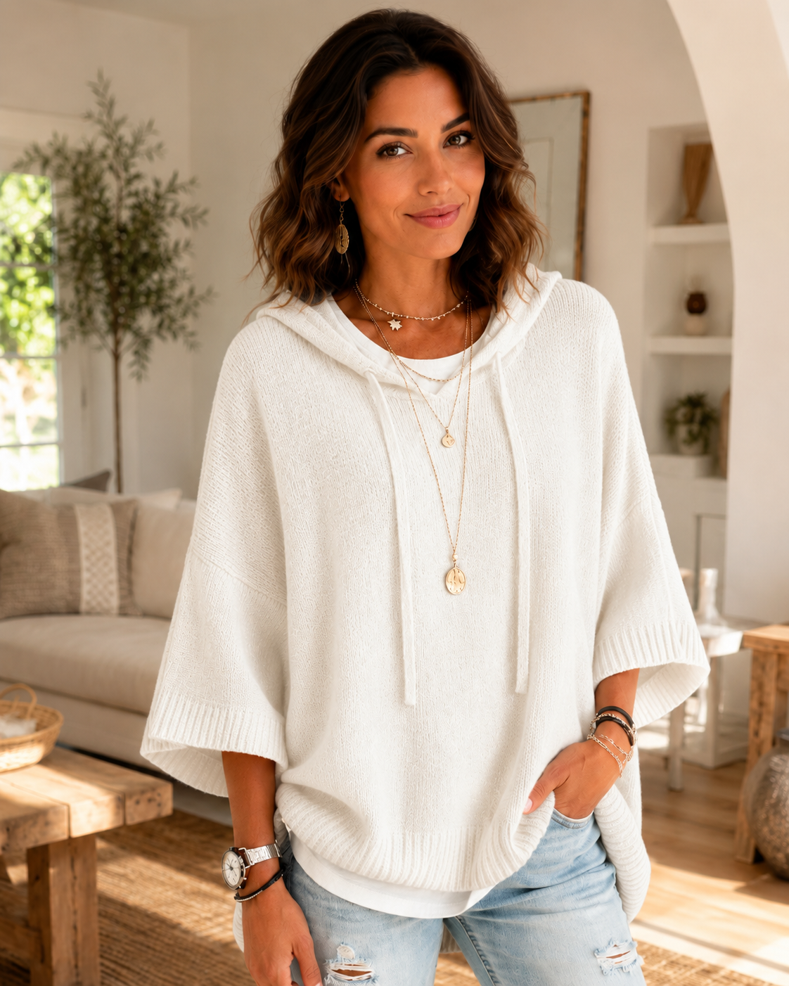 Women's Soft Knit Hooded Sweater – Adjustable Drawstring Hood, Three-Quarter Sleeves