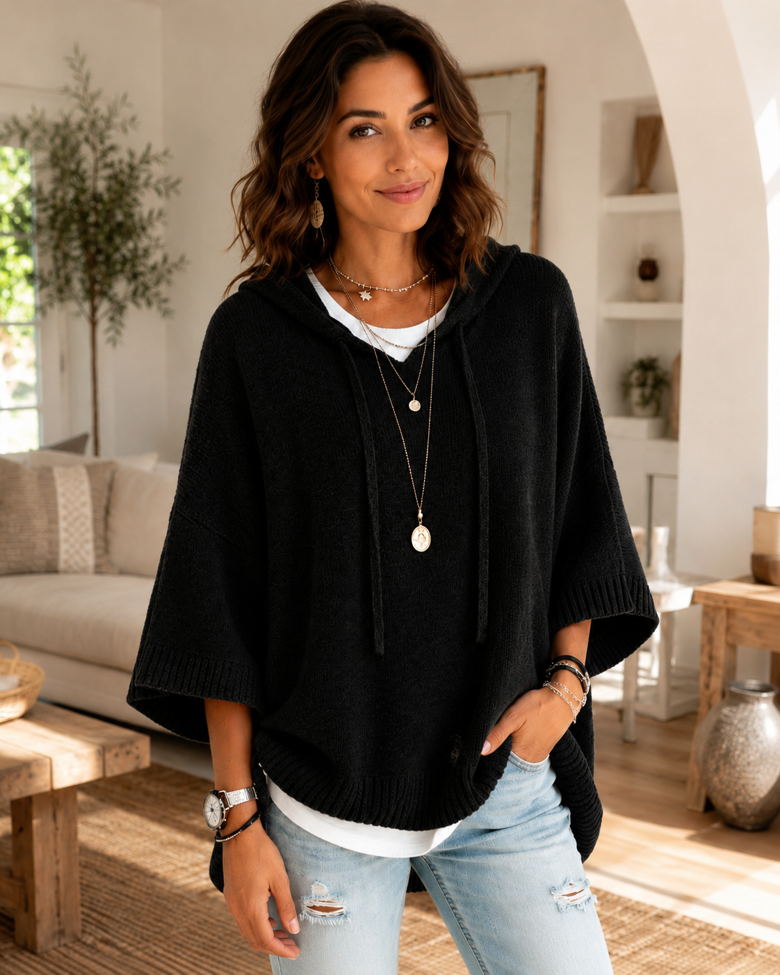 Women's Soft Knit Hooded Sweater – Adjustable Drawstring Hood, Three-Quarter Sleeves