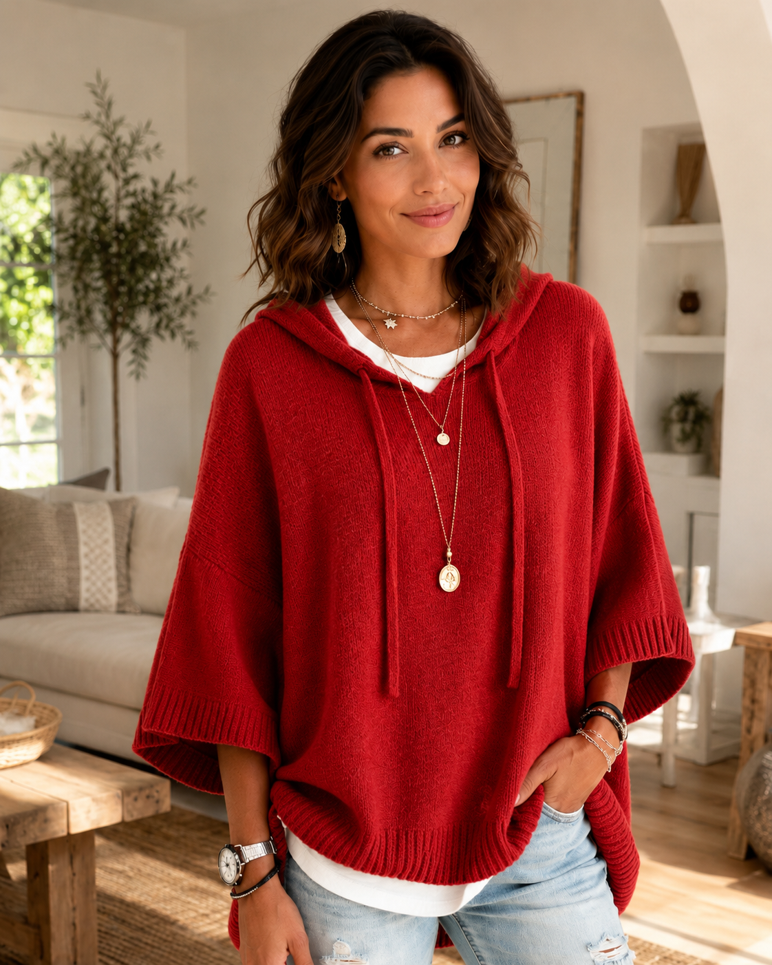 Women's Soft Knit Hooded Sweater – Adjustable Drawstring Hood, Three-Quarter Sleeves