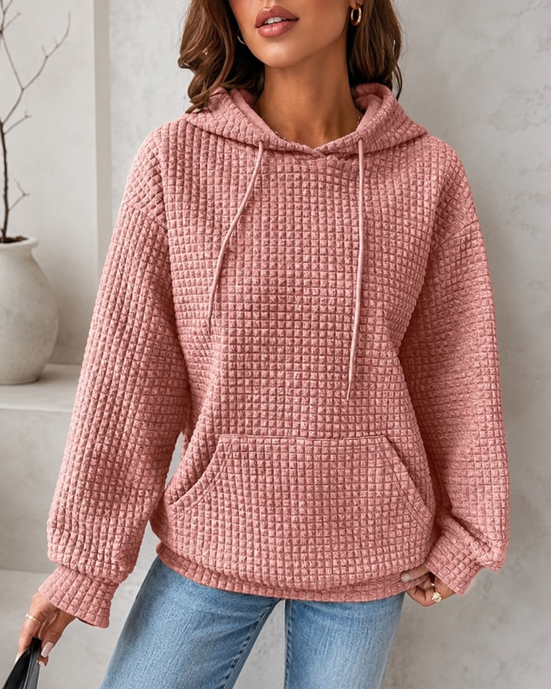 Women's Cotton-Poly Waffle Knit Hoodie Sweater – Relaxed Fit