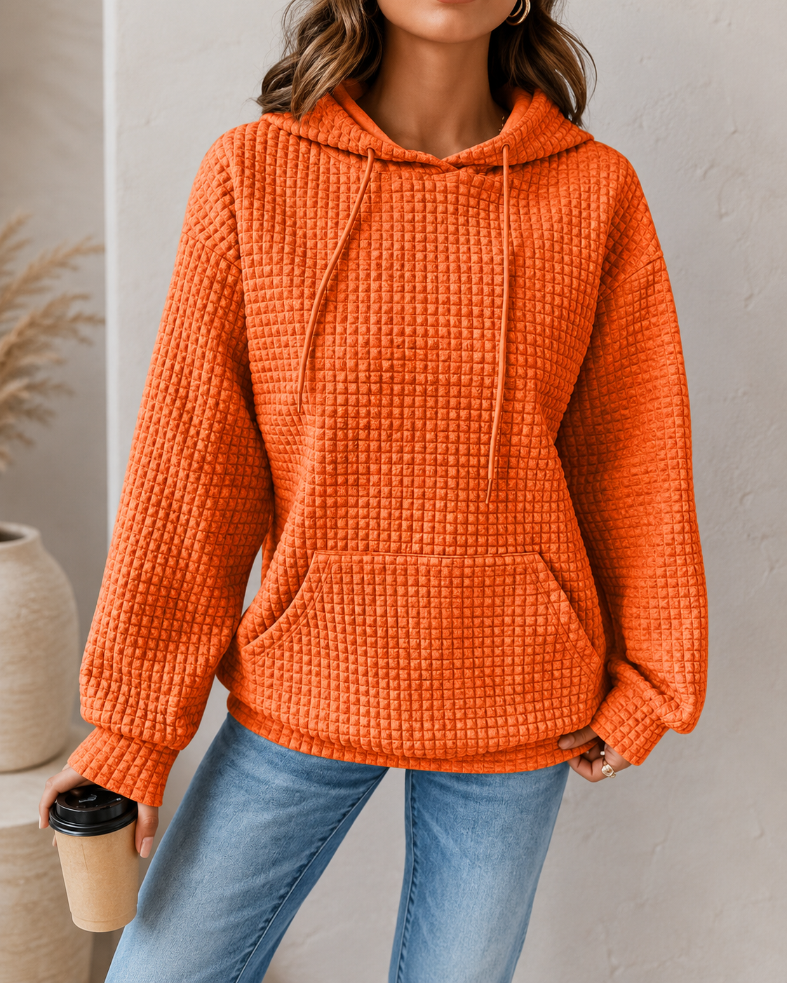 Women's Cotton-Poly Waffle Knit Hoodie Sweater – Relaxed Fit