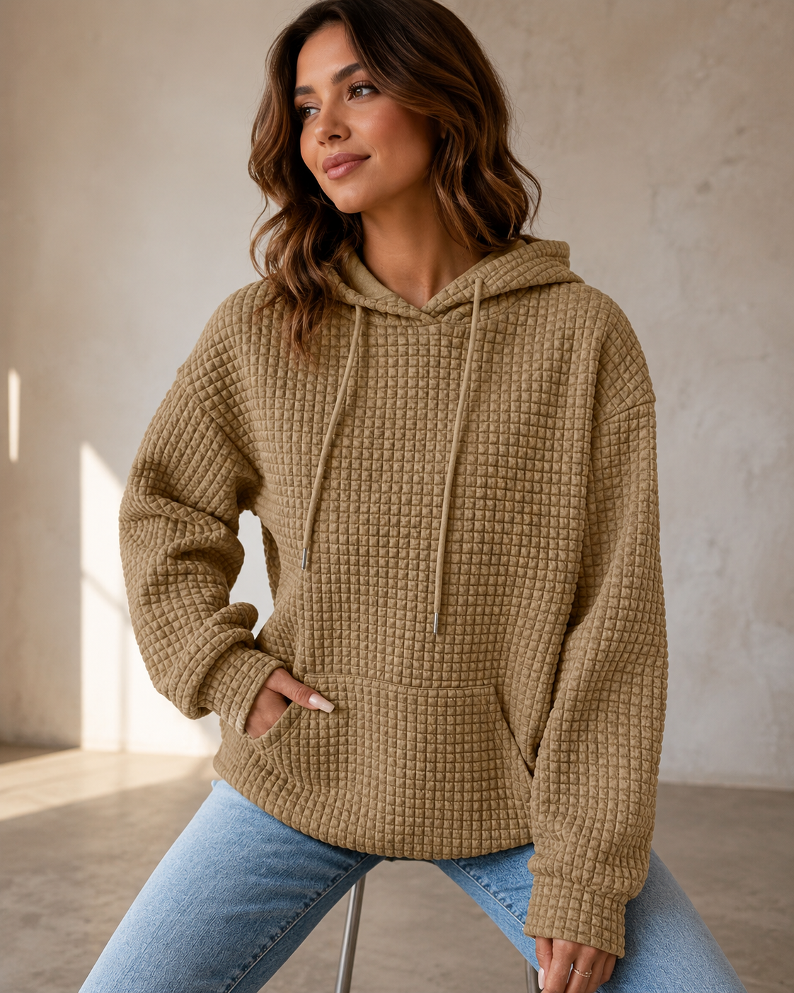 Women's Cotton-Poly Waffle Knit Hoodie Sweater – Relaxed Fit