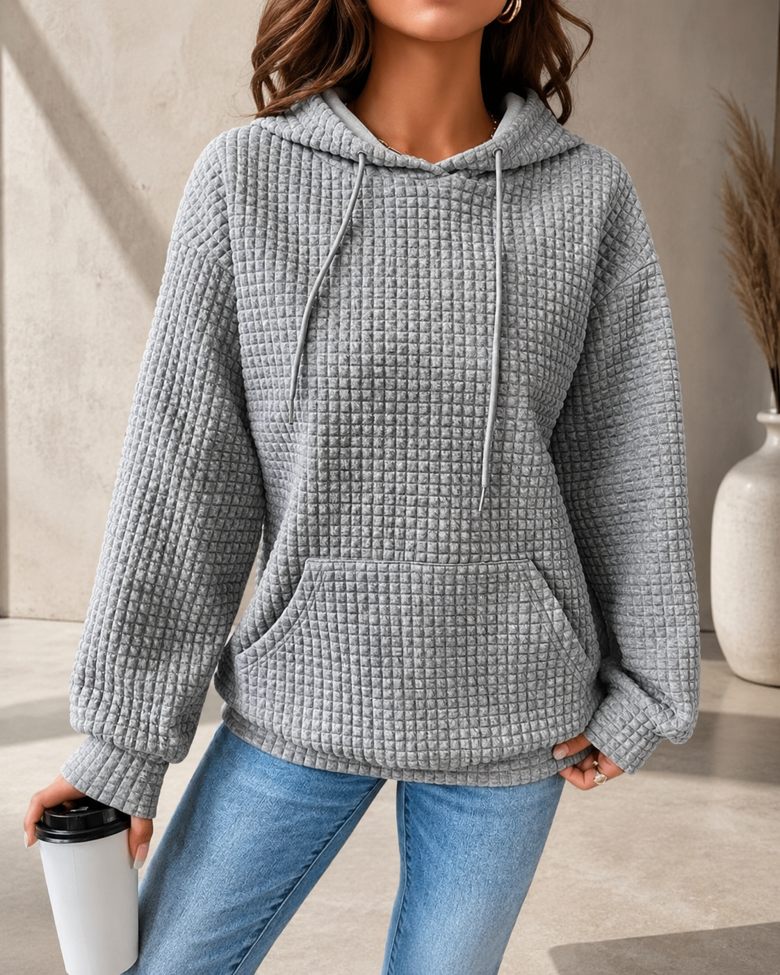 Women's Cotton-Poly Waffle Knit Hoodie Sweater – Relaxed Fit