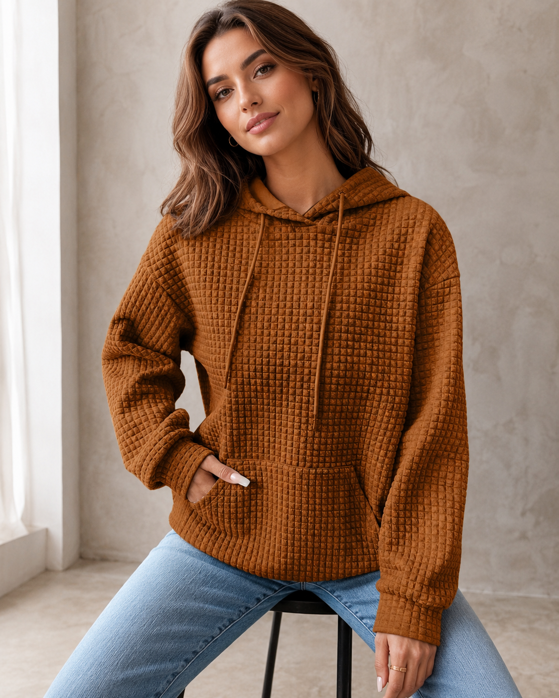 Women's Cotton-Poly Waffle Knit Hoodie Sweater – Relaxed Fit
