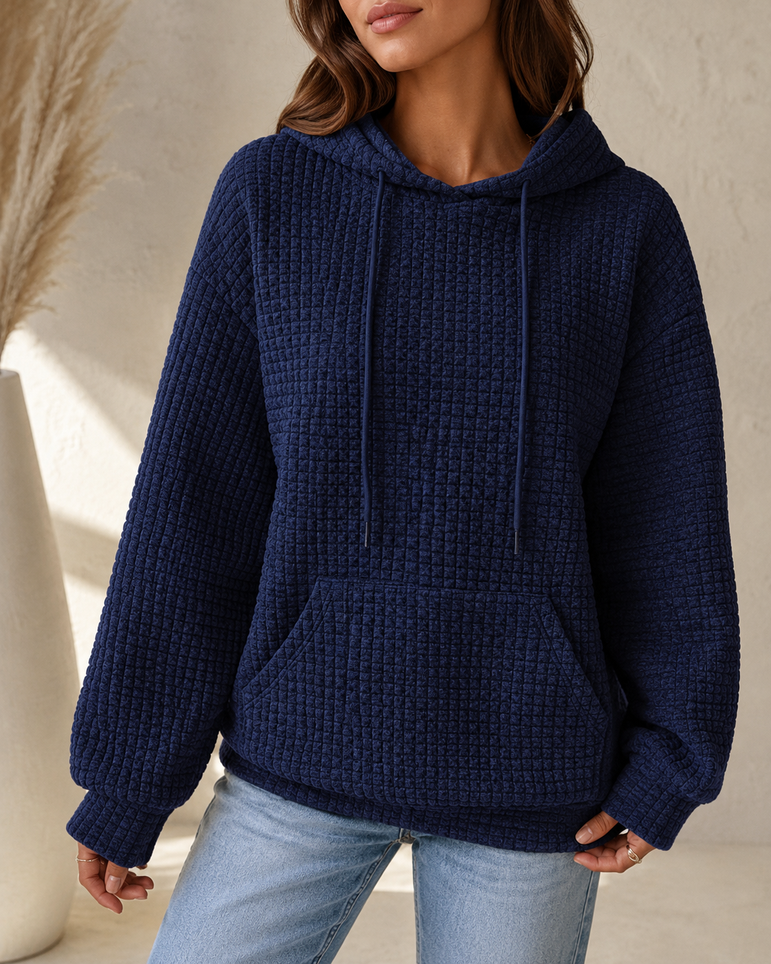 Women's Cotton-Poly Waffle Knit Hoodie Sweater – Relaxed Fit