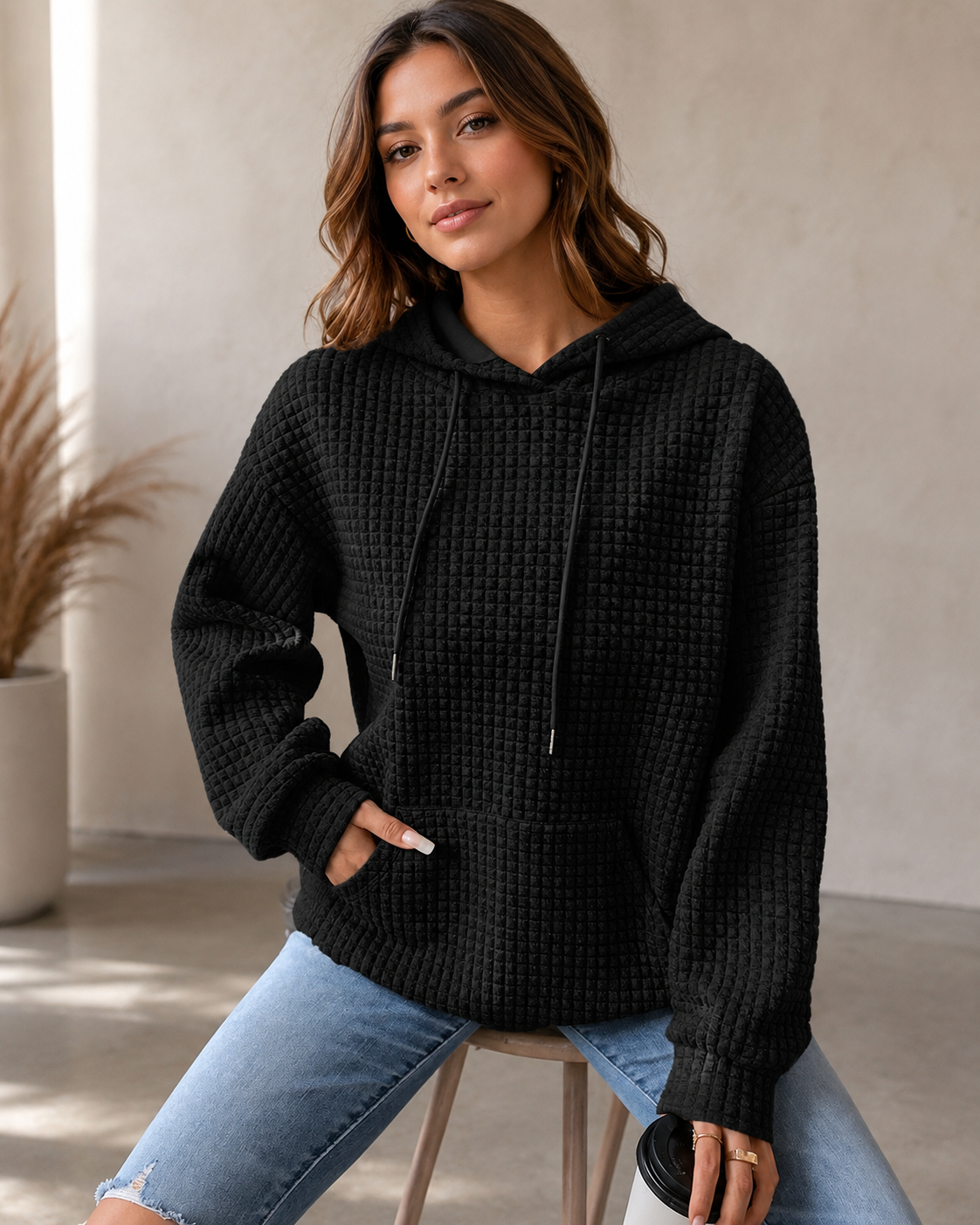 Women's Cotton-Poly Waffle Knit Hoodie Sweater – Relaxed Fit