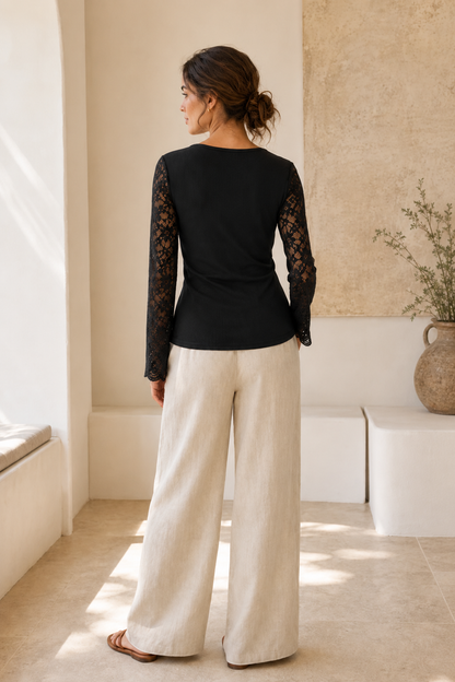 Women's Ribbed Blouse – Floral Lace Detail, Softly Fitted