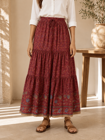 Women's Floral Print Maxi Skirt – Flowing Tiered Design