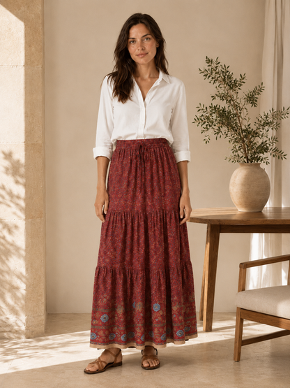 Women's Floral Print Maxi Skirt – Flowing Tiered Design