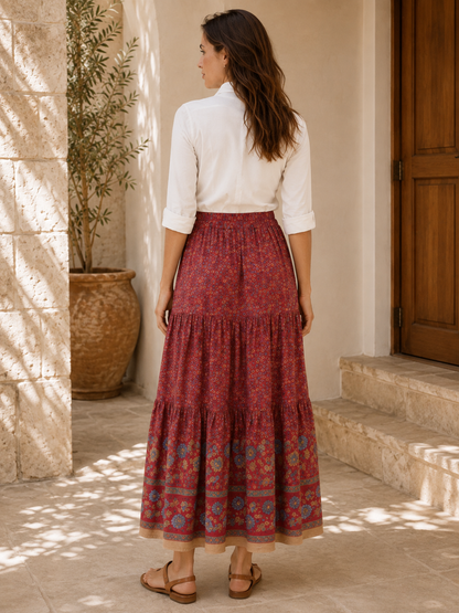 Women's Floral Print Maxi Skirt – Flowing Tiered Design