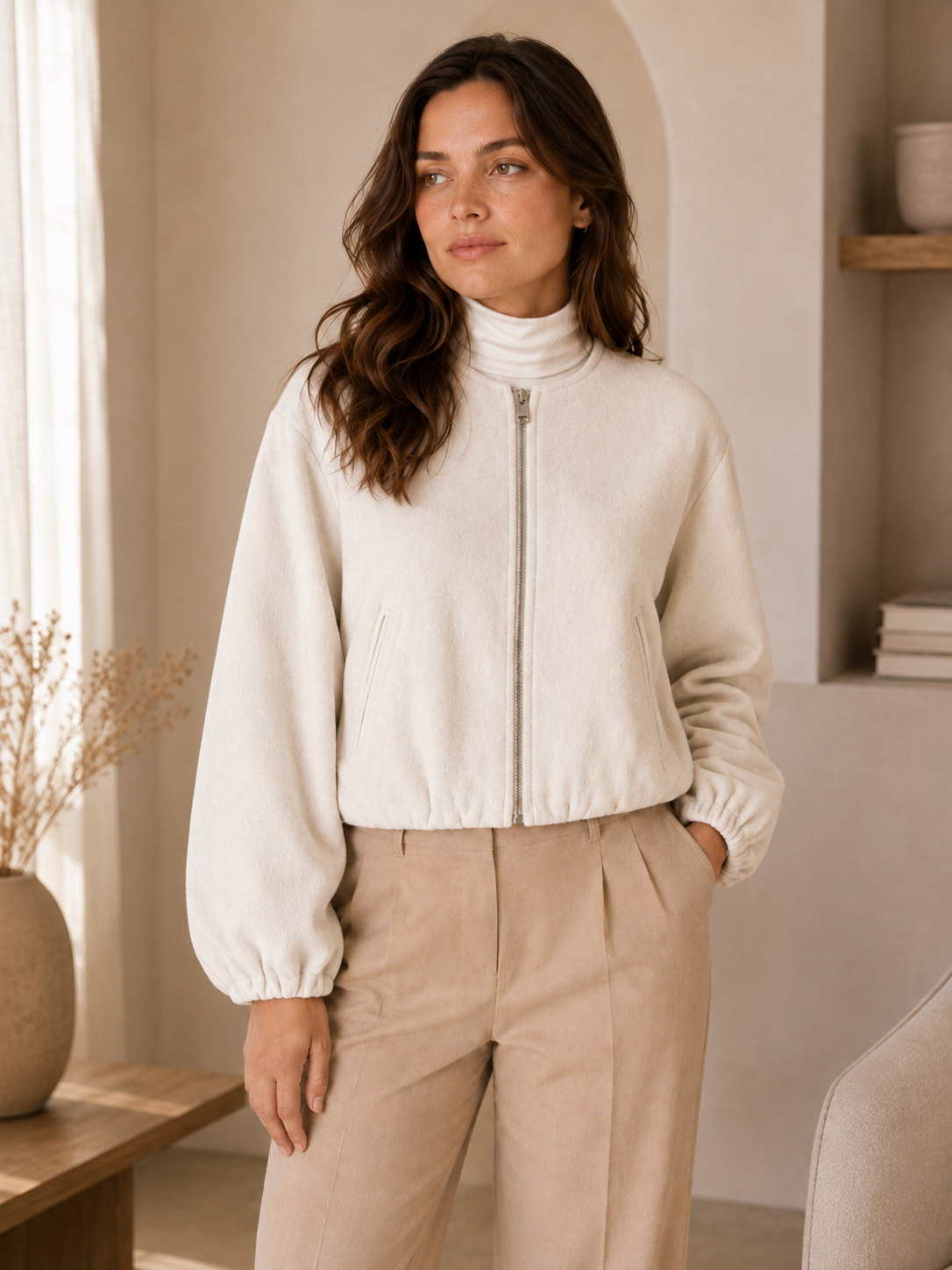 Women’s Relaxed Fit Bomber Jacket – Zipper Front, Versatile Layering
