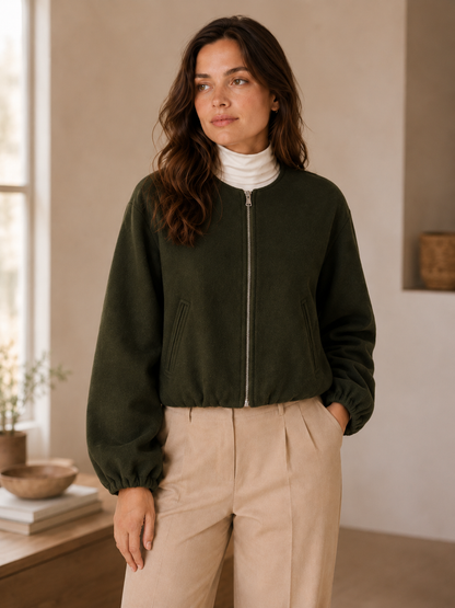 Women’s Relaxed Fit Bomber Jacket – Zipper Front, Versatile Layering
