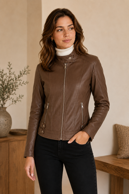 Women's Faux Leather Jacket – Tailored Fit with Zipper Closure