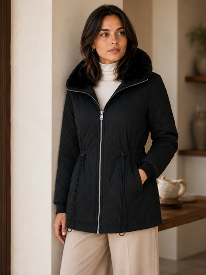 Women's Black Quilted Winter Jacket – Faux-Fur Collar, Zipper Closure