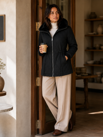 Women's Black Quilted Winter Jacket – Faux-Fur Collar, Zipper Closure