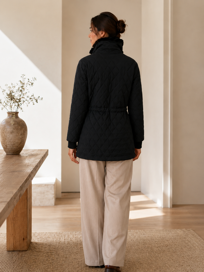 Women's Black Quilted Winter Jacket – Faux-Fur Collar, Zipper Closure