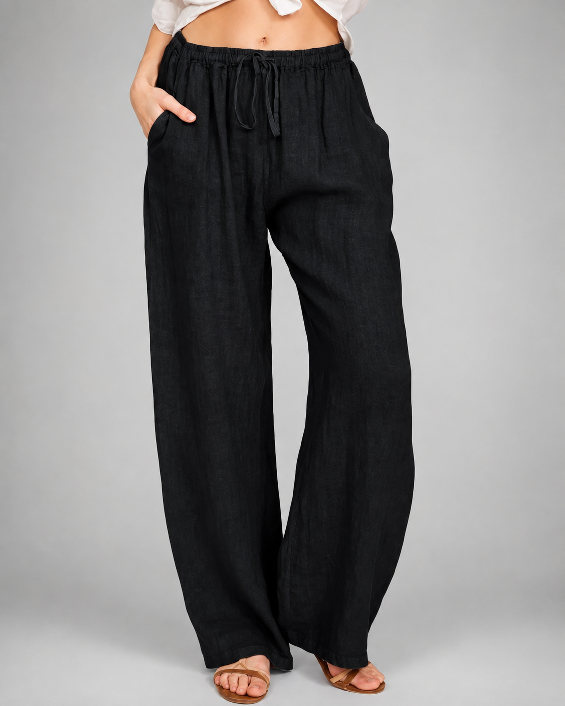 Women's Cotton Linen Wide Leg Pants – Loose Fit with Elastic Waist
