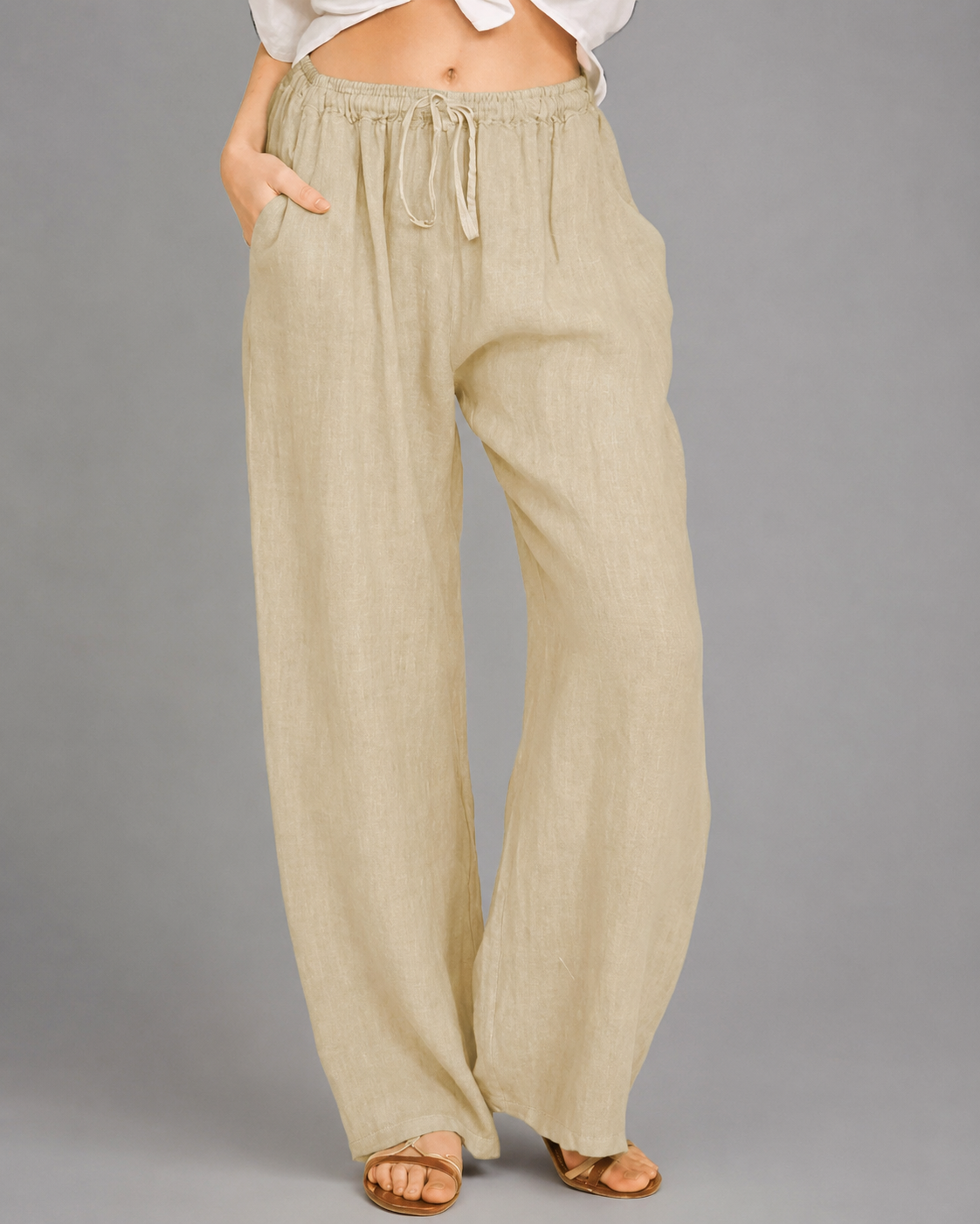 Women's Cotton Linen Wide Leg Pants – Loose Fit with Elastic Waist