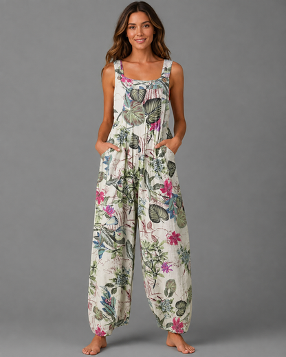 Women's Cotton and Linen Jumpsuit – Leaf Floral Print with Square Neck – Casual Loose Fit