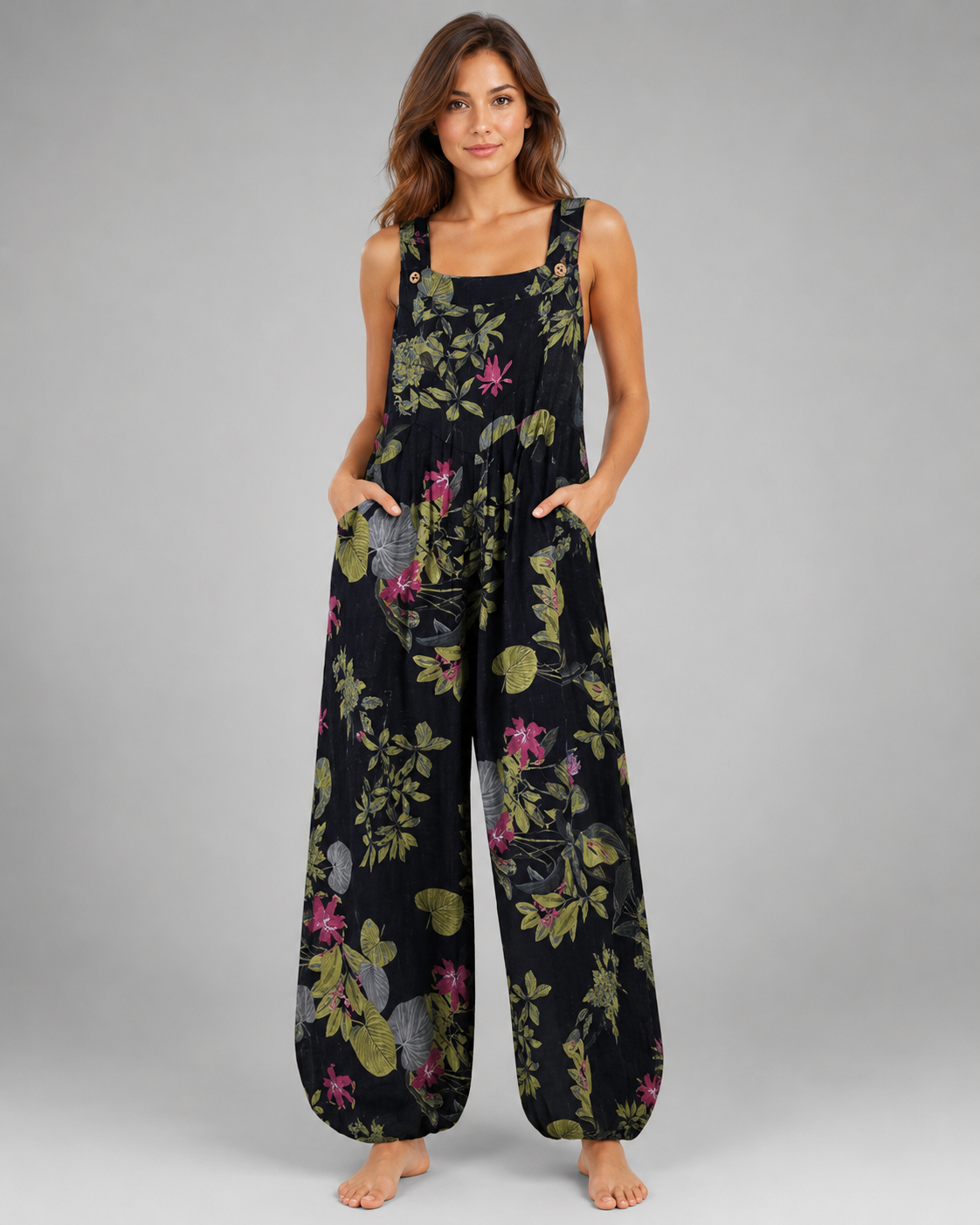 Women's Cotton and Linen Jumpsuit – Leaf Floral Print with Square Neck – Casual Loose Fit
