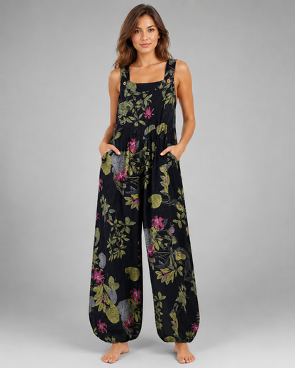 Women's Cotton and Linen Jumpsuit – Leaf Floral Print with Square Neck – Casual Loose Fit