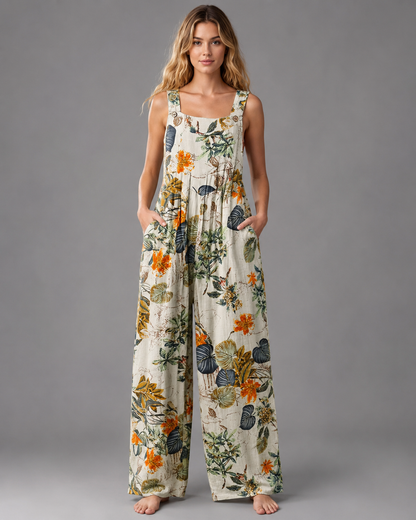Women's Cotton and Linen Jumpsuit – Leaf Floral Print with Square Neck – Casual Loose Fit