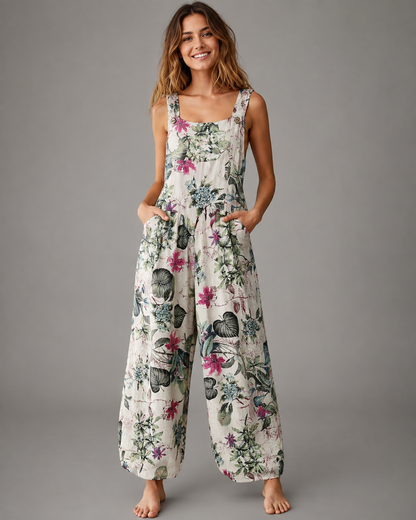 Women's Cotton and Linen Jumpsuit – Leaf Floral Print with Square Neck – Casual Loose Fit
