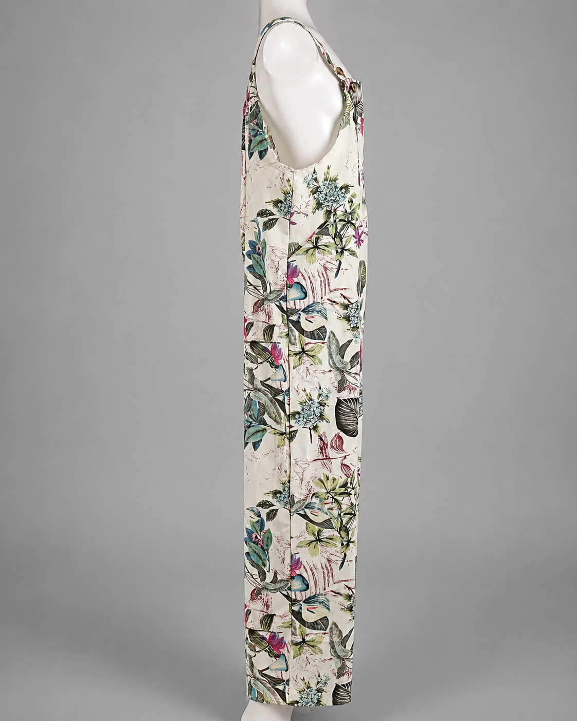 Women's Cotton and Linen Jumpsuit – Leaf Floral Print with Square Neck – Casual Loose Fit