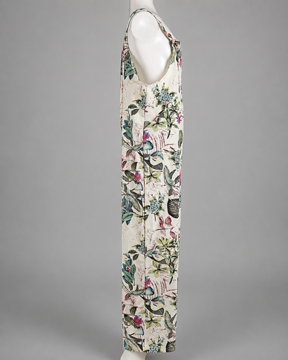 Women's Cotton and Linen Jumpsuit – Leaf Floral Print with Square Neck – Casual Loose Fit