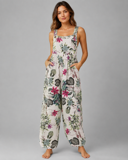 Women's Cotton and Linen Jumpsuit – Leaf Floral Print with Square Neck – Casual Loose Fit