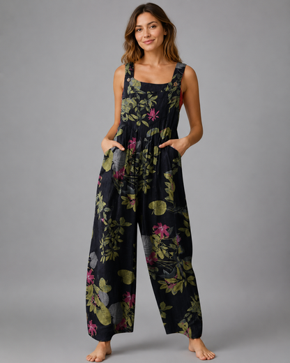 Women's Cotton and Linen Jumpsuit – Leaf Floral Print with Square Neck – Casual Loose Fit