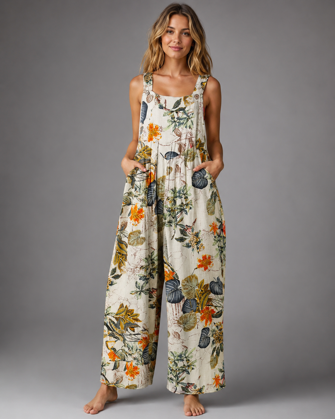 Women's Cotton and Linen Jumpsuit – Leaf Floral Print with Square Neck – Casual Loose Fit