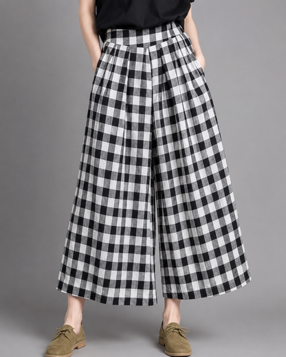 Women's High-Waisted Wide Leg Trousers – Thin Cotton Linen, Baggy Jogger Style