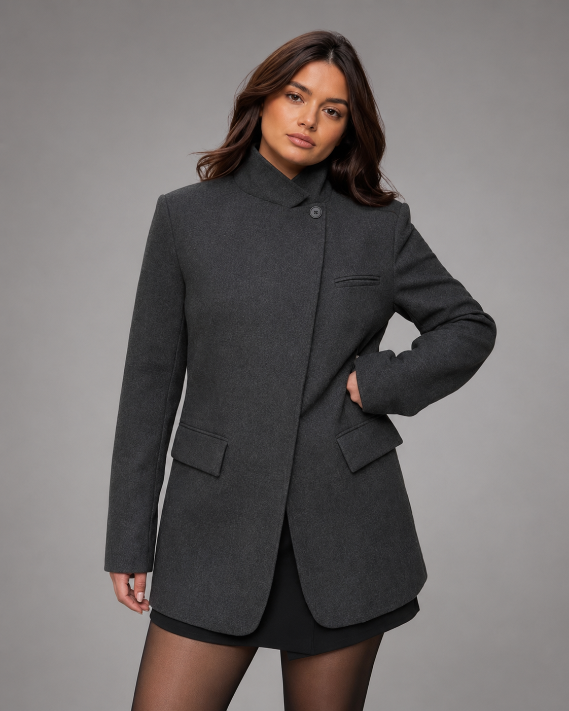 Women's Plaid Blazer – Stand Collar, Single Button, Long Sleeve