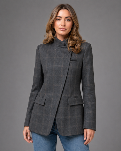Women's Plaid Blazer – Stand Collar, Single Button, Long Sleeve