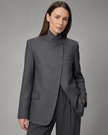 Women's Plaid Blazer – Stand Collar, Single Button, Long Sleeve