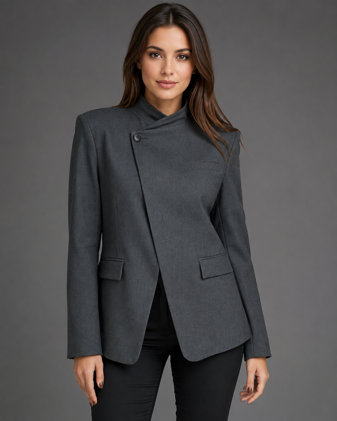 Women's Plaid Blazer – Stand Collar, Single Button, Long Sleeve
