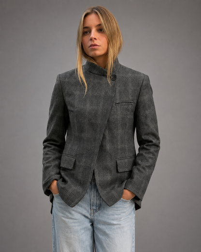 Women's Plaid Blazer – Stand Collar, Single Button, Long Sleeve