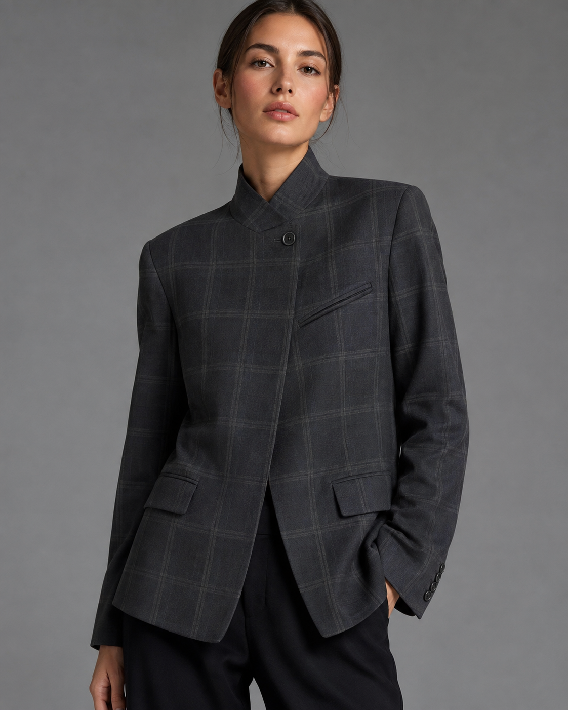 Women's Plaid Blazer – Stand Collar, Single Button, Long Sleeve