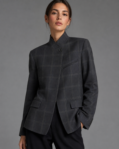 Women's Plaid Blazer – Stand Collar, Single Button, Long Sleeve
