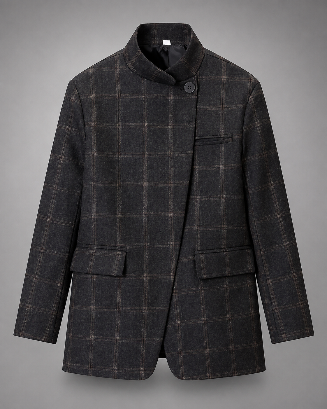 Women's Plaid Blazer – Stand Collar, Single Button, Long Sleeve