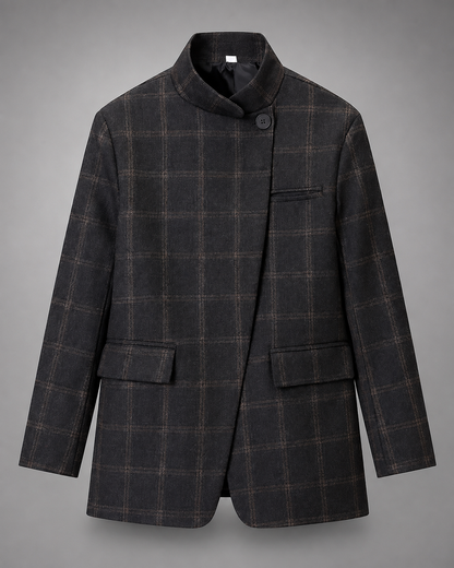 Women's Plaid Blazer – Stand Collar, Single Button, Long Sleeve