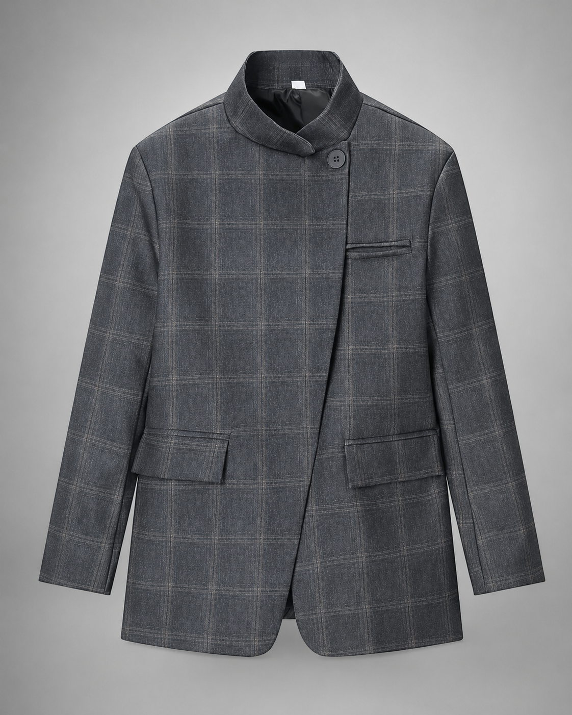 Women's Plaid Blazer – Stand Collar, Single Button, Long Sleeve