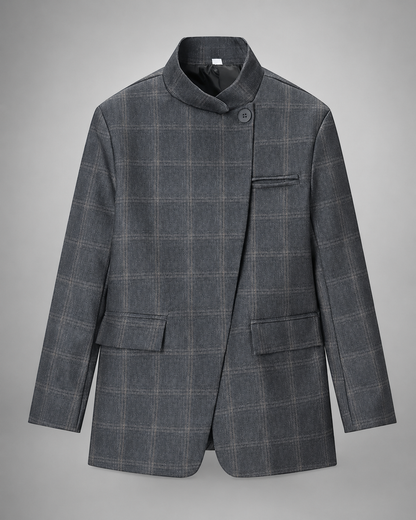 Women's Plaid Blazer – Stand Collar, Single Button, Long Sleeve