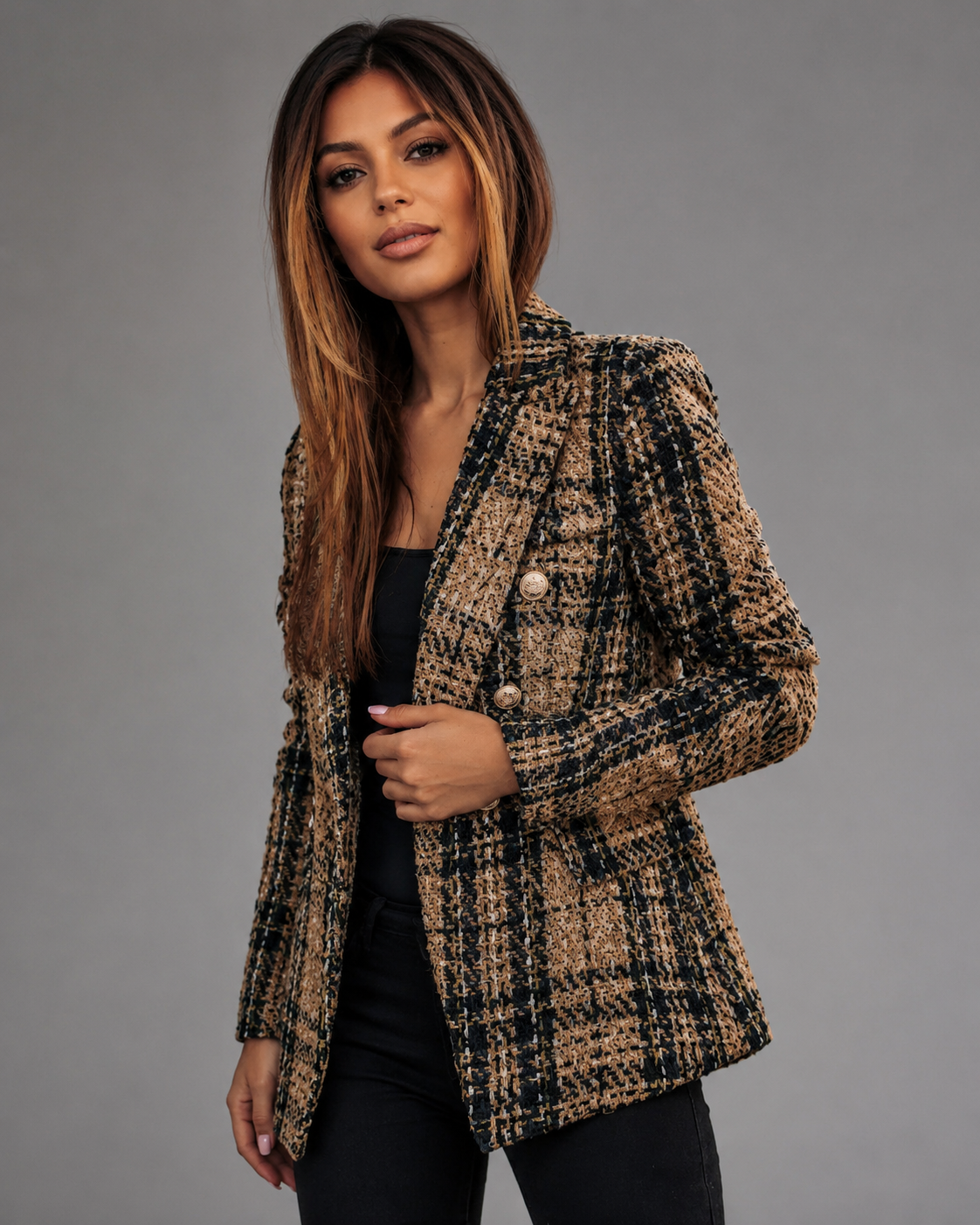 Women's Slim Fit Check Blazer – Long-Sleeved Double-Breasted Design
