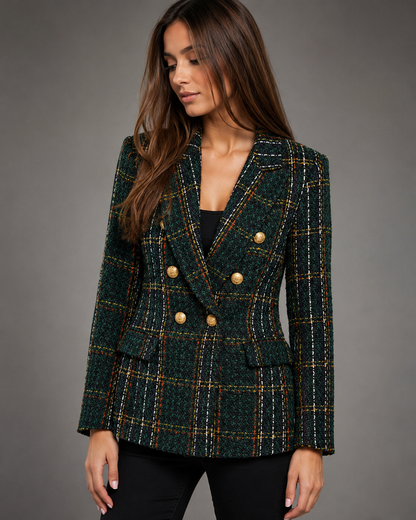 Women's Slim Fit Check Blazer – Long-Sleeved Double-Breasted Design